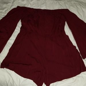 Burgandy off shoulder romper with pockets